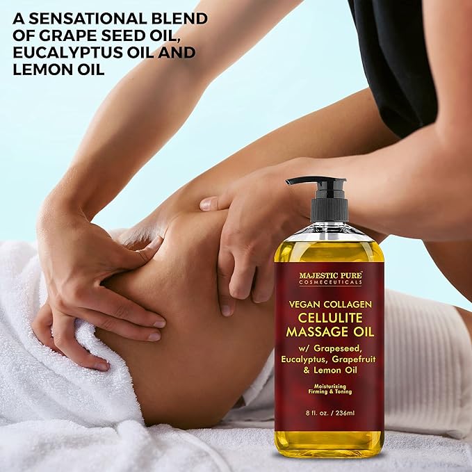 MAJESTIC PURE Cellulite Massage Oil for Massage Therapy - Refreshing, and Relaxing - Natural Oils with with Vegan Collagen & Stem Cells - for All Skin Types - Men and Women - 8 fl oz - Bloomnest
