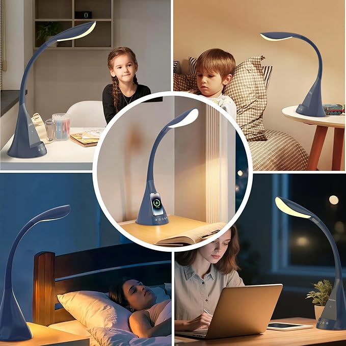 LED Desk Lamp with USB Charging Port, Dimmable Reading Light Touch Control and Eye Protection, Adjustable Brightness Table Lamp for Home Office Bedroom (Blue) - Bloomnest