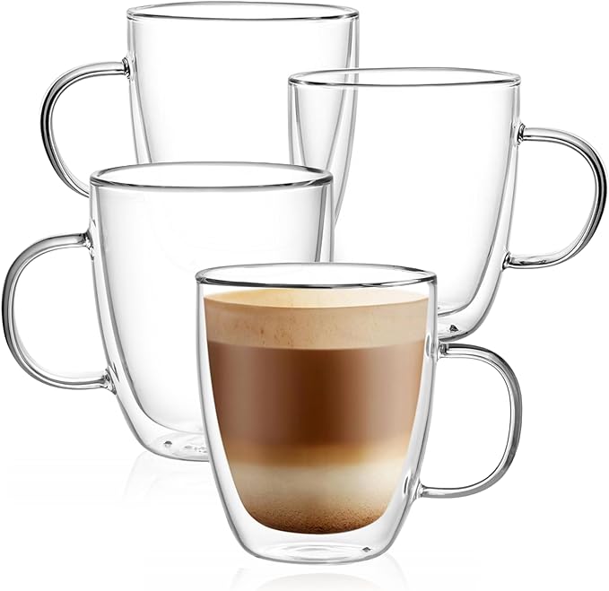 CNGLASS Large Glass Coffee Mugs 12oz,Double Walled Insulated Cappuccino Mug with Handle,Set of 4 - Bloomnest