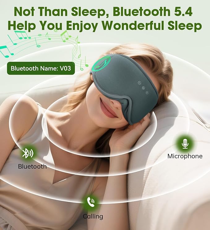 Bamboo Cotton Sleep Mask with Bluetooth Wireless Headphones - Blackout Eye Mask for Sleeping 3D Contoured Sleep Headband Ear Muffs Lengthen & Low Noise Hook for Better Experience (Grey) - Bloomnest