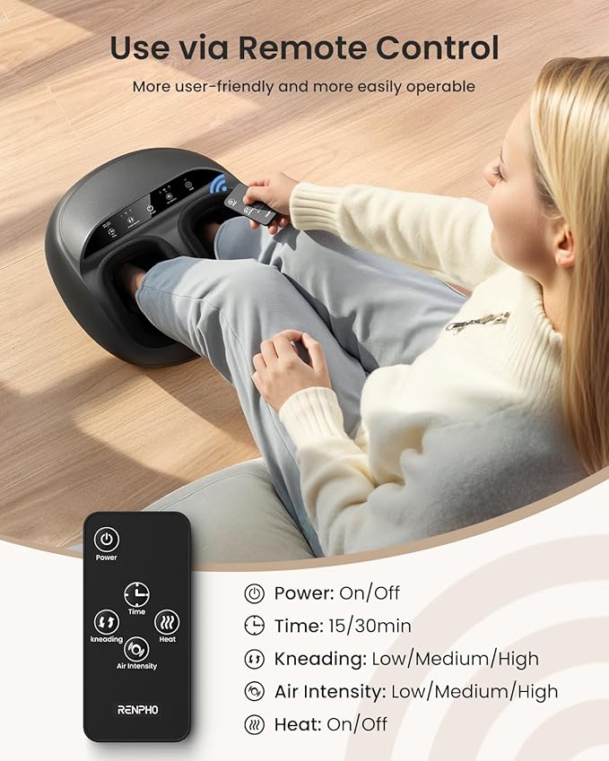 RENPHO Shiatsu Foot Massager with Heat, Feet Massager for Neuropathy Plantar Fasciitis Relief, FSA Eligible, 3 Heat Levels Foot Massage with Wireless Control, Size 13