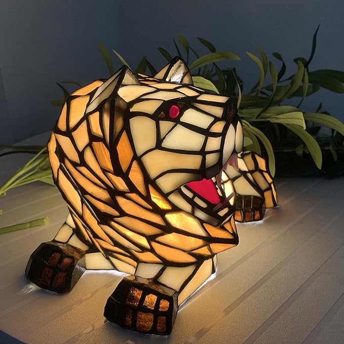 Bieye L10828 Roaring Lion Table Lamp Tiffany Style Stained Glass Accent Night Light for Children's Room Nursery Home Décor - Bloomnest