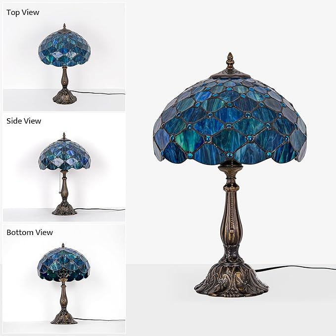 Tiffany Style Table Lamp Vintage Stained Glass Desk Lamp Sea Blue Pearls Bedside Reading Light Decor Bedroom Living Room Entry Home Office D12 xH18 - Bloomnest