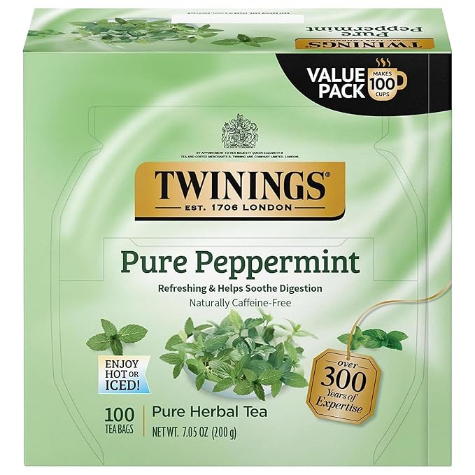 Twinings Pure Peppermint Herbal Tea Individually Wrapped Bags, 100 Count (Pack of 1), Fresh Minty Flavour, Naturally Caffeine-Free, Enjoy Hot or Iced, 100 Teabags - Bloomnest