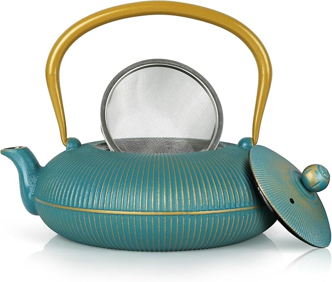 Green Cast Iron Teapot Large Capacity 40oz/1200ml with Infuser for Loose Leaf Stovetop Safe Vertical Stripe Flat Tea Kettle, Enameled Interior - Bloomnest