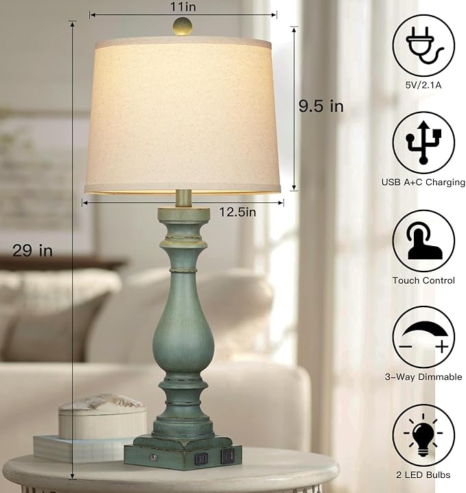29" Tall Table Lamp for Living Room Set of 2,Vintage Bedside Nightstand Lamps with USB C+A Ports & AC Outlet,3-Way Dimmable Touch Control Retro Green Desk Lamp for Bedroom,Color 4 - Bloomnest
