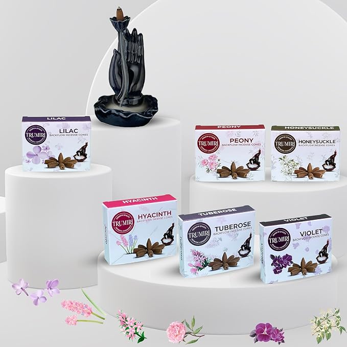 Blossom - Backflow Incense Cones for Waterfall - Scented Inscents-Cones - Peony, Lilac, Hyacinth, Tuberose, Honeysuckle, Violet - Insiensos Aromaticos - 6x10=60 Large Variety Pack TRUMIRI