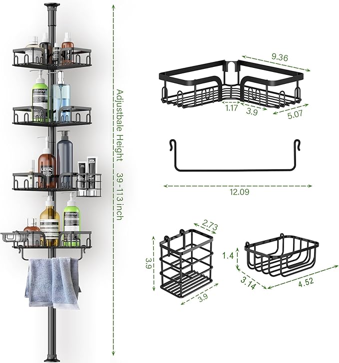 Corner Shower Caddy Tension Pole 4 Tier Adjustable Stainless Steel Shower Shelf for Inside Shower Bathtub Shampoo,Standing Bathroom Organizer Shelves with 39 to 113 inch Height - Bloomnest