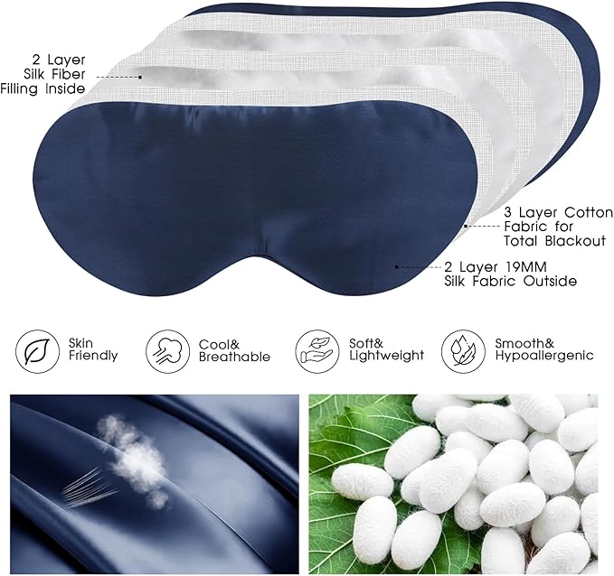 Mulberry Silk Blackout Adjustable Sleep Eye Mask for Men/Women Travel Plane,Navy Blue - Bloomnest