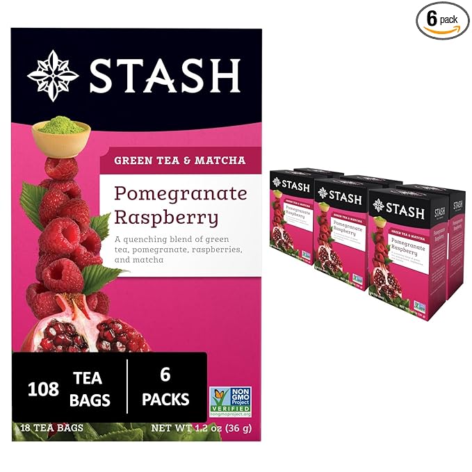 Stash Tea Pomegranate Raspberry & Matcha Green Tea - Caffeinated, Non-GMO Project Verified Premium Tea with No Artificial Ingredients, 18 Count (Pack of 6) - 108 Bags Total - Bloomnest