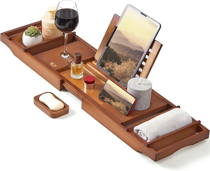 XcE Bamboo Bathtub Caddy Tray - Expandable to 41 Inches with Book Stand, Soap Holder & Anti-Slip Pads for Luxury Bath Spa, Brown - Bloomnest