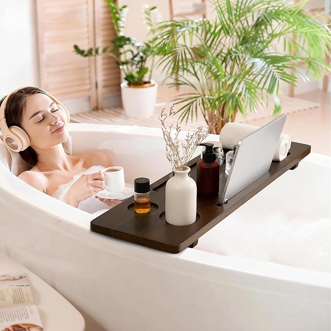 Teak Bathtub Tray - Wood Bath Caddy Tray 29" for Small Tubs - Adjustable Bathtub Table Trays - Luxury Shower Organizer for Home Spa Relaxation and Reading - Dark Walnut Color - Bloomnest