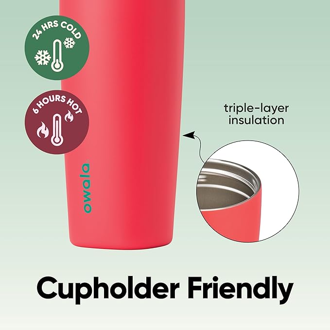 Owala SmoothSip Slider Insulated Stainless Steel Coffee Tumbler, Reusable Iced Coffee Cup, Hot Coffee Travel Mug, BPA Free 20 oz, Pink/Red (Strawberry Fields) - Bloomnest