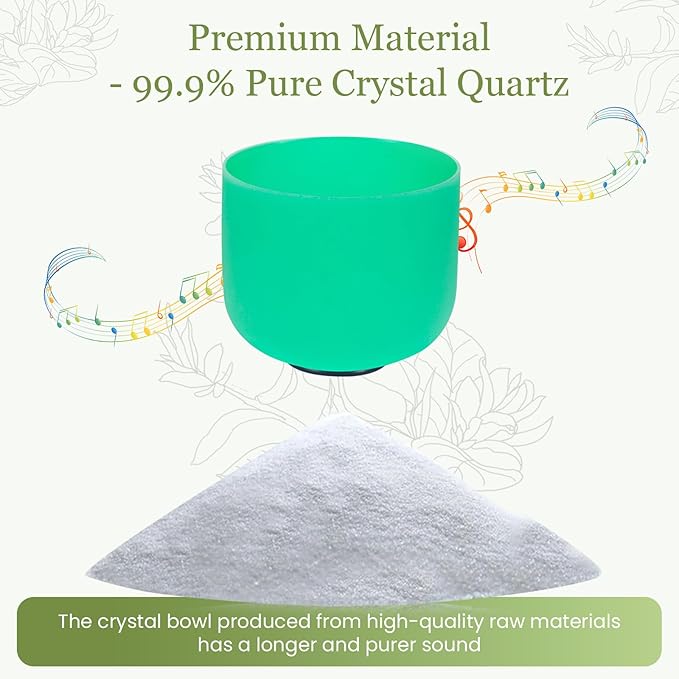 432HZ 8 Inchs F Note Green Frosted Crystal Singing Bowl for Meditation Healing Yoga Chakra Quartz Crystal Sound Bowls with Heavy Duty Carry Case and Rubber Mallet,Suede Striker,O-rings - Bloomnest