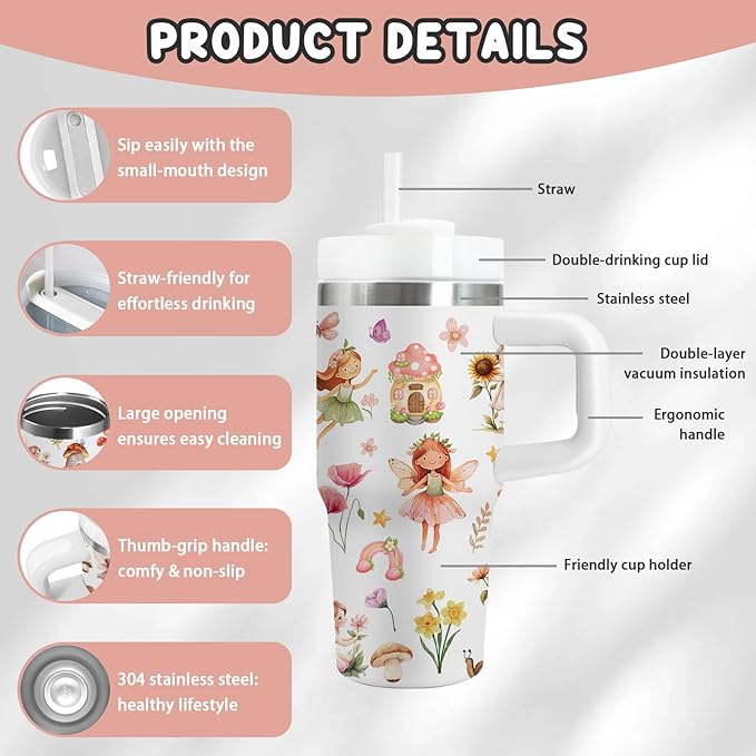 Fairy Gifts for Girls - 14 Oz Kids Tumbler with Handle and Straw, Stainless Steel Vacuum Insulated Tumbler, Sweatproof, for Sports, School, Travel - Birthday Gifts for Children Girls Cups(1pc) - Bloomnest