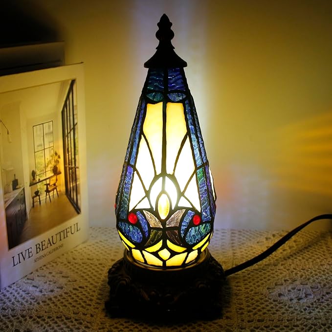 Small Tiffany Lamp Stained Glass Table Lamp 5.5X11 Inch Christmas Tree Lighthouse Mini Accent Memory Sympathy Antique Night Light for Bedroom Living Room (Stained Glass)