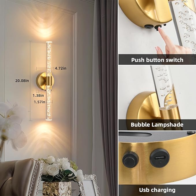Battery Operated Wall Sconces Set of Two, Gold 20'' Rechargeable Crystal Bubble Wall Sconce with Remote Control, 3000K-6000K Dimmable LED Wireless Wall Lights for Living Room Bedroom Bathroom Hallway - Bloomnest