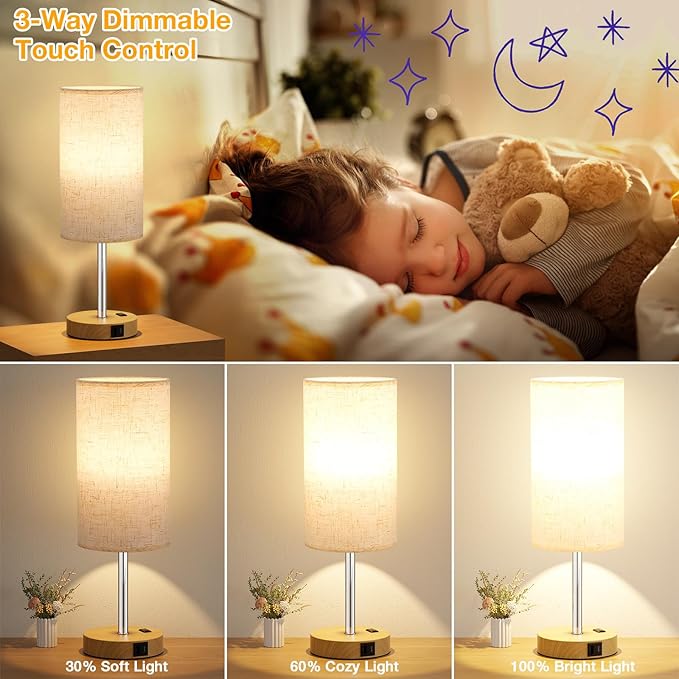 Dicoool Touch Bedside Table Lamp with USB - 3 Way Dimmable Wood Lamp for Bedroom Nightstand, Desk Lamp with Charging Station for Dorm, Office, Kids Room, Living Room - Bloomnest