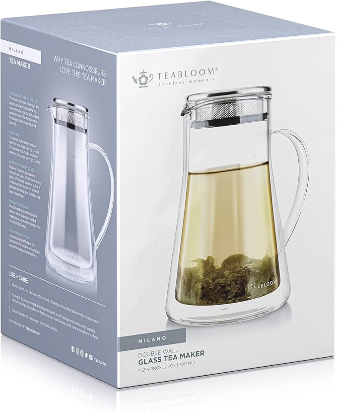 Teabloom Insulated Teapot Keeps Tea Hot – Tea Maker For Two (24 oz) – Double Wall Heatproof Glass Tea Steeper with Stainless Steel Filter Lid for Loose Leaf Tea - Bloomnest