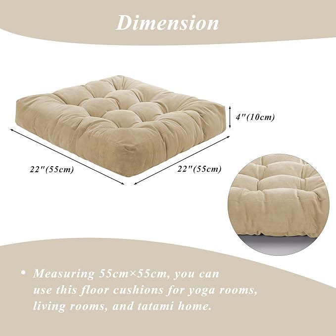 Meditation Floor Pillow 22×22 Inch 1 Pack Large Floor Cushions for Adults Square Tufted Corduroy Floor Pillows for Yoga Living Tatami Room Beige - Bloomnest