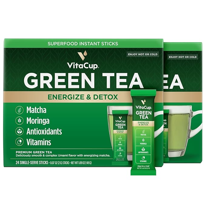 VitaCup Green Tea Instant Packets, Enhance Energy & Detox with Matcha, Moringa, B Vitamins, D3, Fiber, Keto, Paleo, Vegan in Tea Powder Single Serving Sticks, 48 Ct - Bloomnest