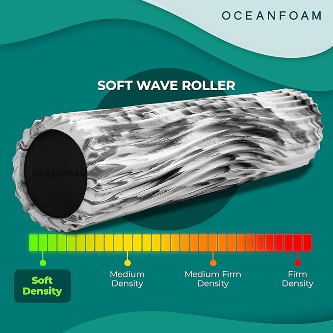 Oceanfoam Soft Tidal Roller (Black Marbled) - Low Density Foam Roller for Physical Therapy, Back Pain, Excercise & Stretching - Wave Textured - Yoga, Athletics, & Wellness - Full Size, 20" x 5" - Bloomnest