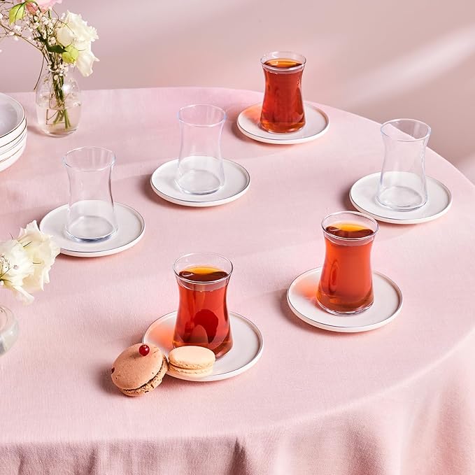 Karaca Streamline Saturn 12-Piece Turkish Tea Cups for 6 People, 5.75 fl oz Turkish Tea Glasses Set, Durable Glass with Platin Detailing & White Color Saucers - Bloomnest