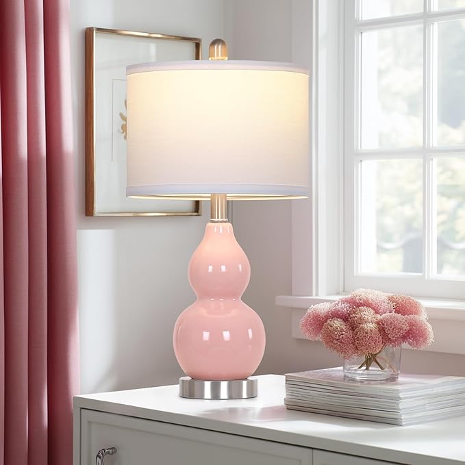 22" Double Gourd Ceramic Table Lamps Set of 2, Pink Modern Bedside Lamps for Living Room, Contemporary Nightstand Desk Lamps for Bedroom End Table Home Office Decor(2 LED Bulbs Included) - Bloomnest