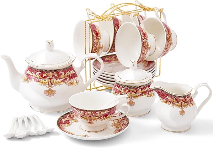 DUJUST 22 pcs Royal Vintage Porcelain Tea Set for 6, Luxury British Tea Sets for Adults with Red Patterns & Golden Trim, Beautiful Floral Tea/Coffee Cup Set, Gift Package - Royal Treat for You - Bloomnest