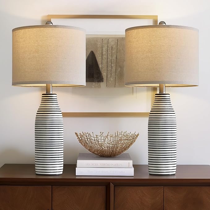 25" Ceramic Table Lamps Set of 2 Beside Lamps for Living Room Modern Bedroom Lamps for Night Stands with Rotary Switch Black and White Stripes - Bloomnest