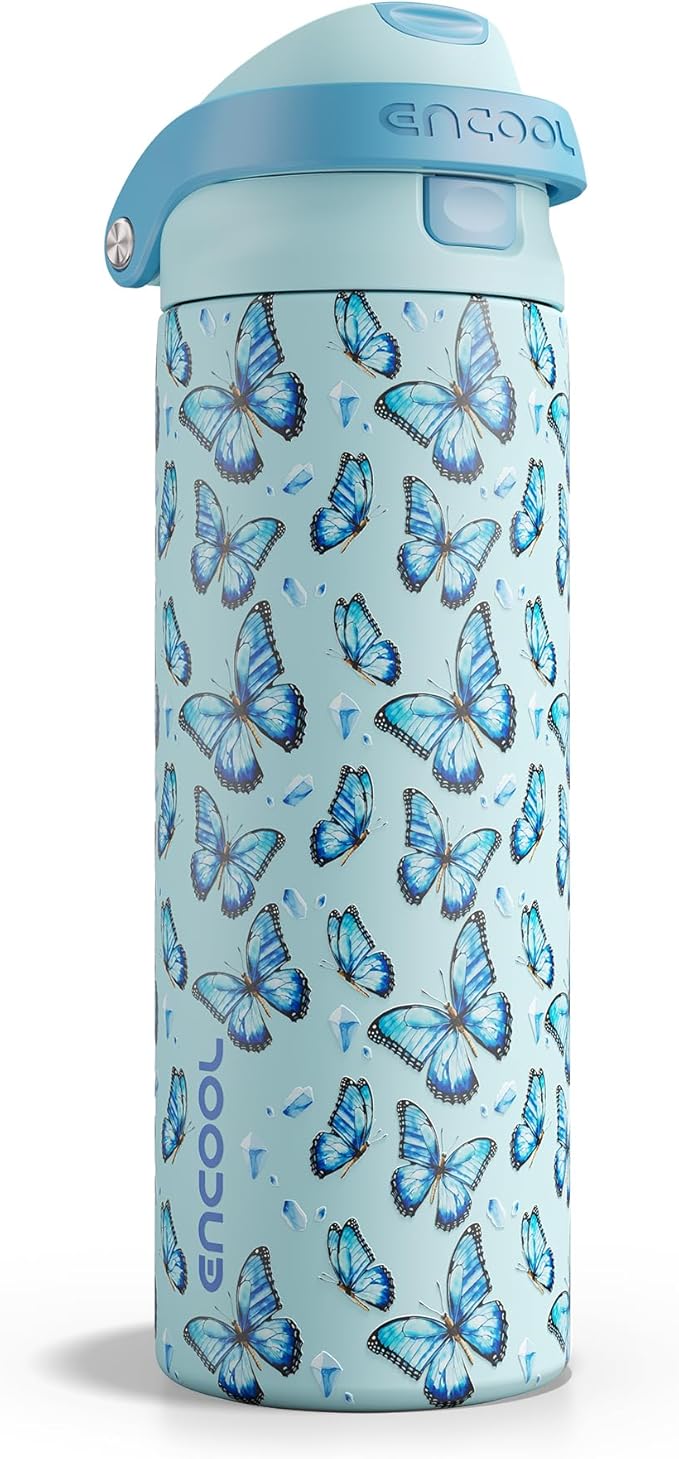 ENCOOL Leakproof Insulated Stainless steel Water Bottle with Straw Dual-Sip Water Bottle Bag-Safe Design for Work, BPA-Free Commute & Gym – Keeps Drinks Cold All Day, 24 oz, Glacier Butterfly ENCOOL