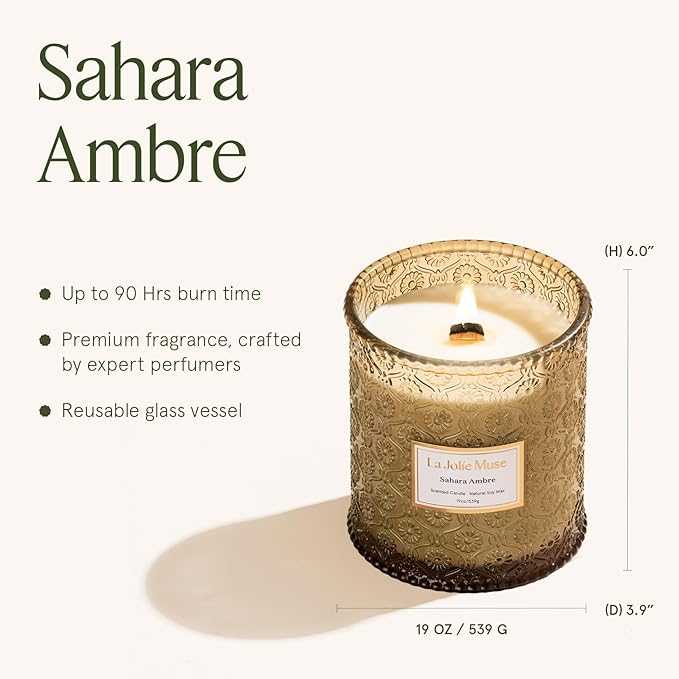 LA JOLIE MUSE | Sahara Amber Candle | Bergamot, Clove & Amber | 19 oz Wooden Wick | Natural Soy Wax | 90 Hours Clean Burn | Gift-Ready for Cozy Nights | Elevated Fall Décor - Bloomnest
