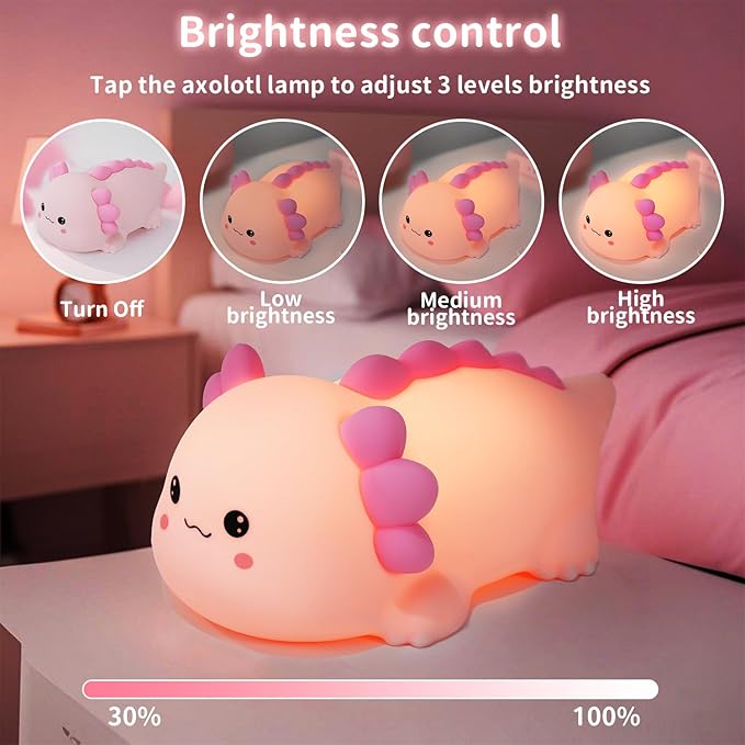 Axolotl Silicone Nursery Night Light, Dimmable LED Animal Lamp with Timer,Cute Gifts Rechargeable Bedroom Bedside Lamp with Touch Sensor Toy for Kids (Axolotl B) - Bloomnest
