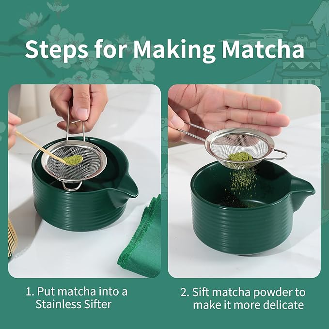 Matcha Whisk Set,Matcha Making Set with Dark Green Bowl,Matcha Whisk Holder, Stainless Sifter & Scoop, Tea Towel,Traditional Matcha Tea Set for Ceremony,Dark Green,7Pcs - Bloomnest
