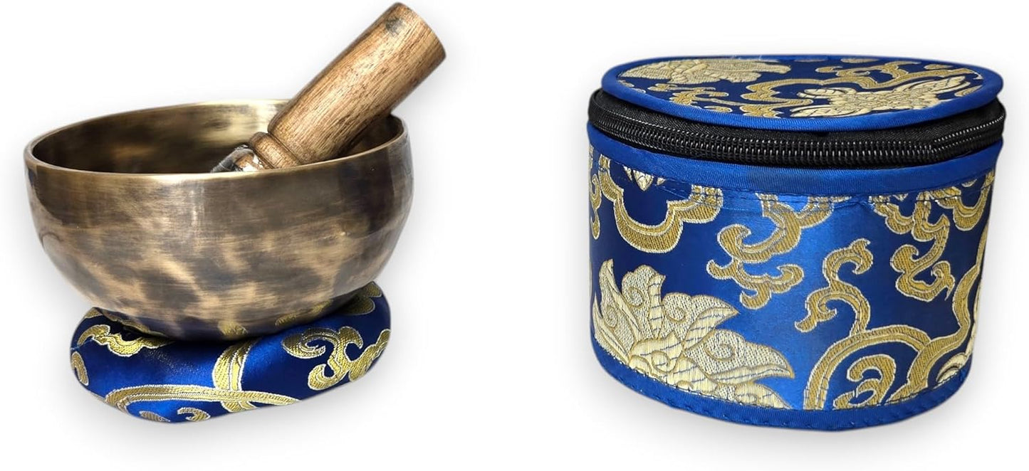 Handmade 4.5" Tibetan Singing Bowl Set– Tiger Antic Sound Bowl with Mallet, Cushion & Case – Sound Therapy Set from Nepal