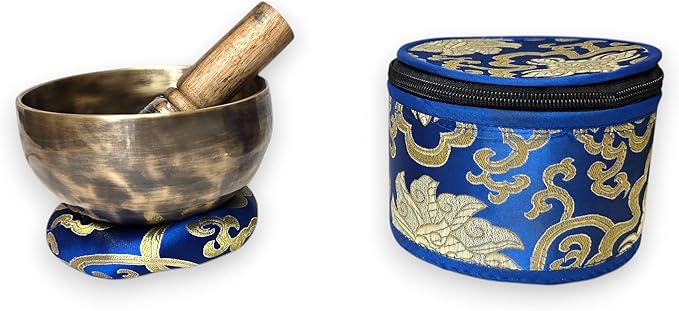 Handmade 4.5" Tibetan Singing Bowl Set– Tiger Antic Sound Bowl with Mallet, Cushion & Case – Sound Therapy Set from Nepal - Bloomnest