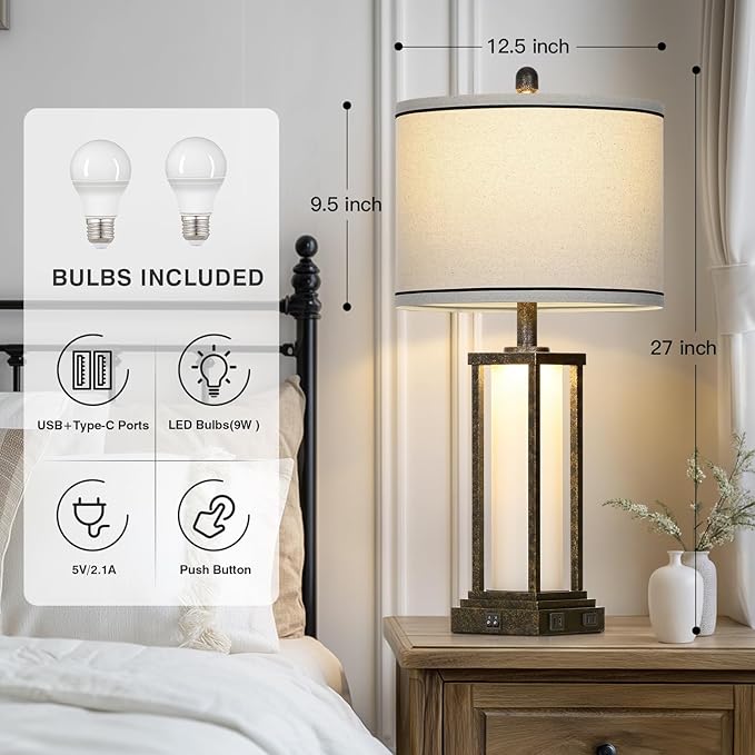 27in Tall Farmhouse Table Lamp with USB C+A & Outlet,Bronze Industrial End Table Lamp for Living Room,Vintage Rustic Bedside Lamp with Night Light for Bedroom Nightstand,Single Bronze - Bloomnest