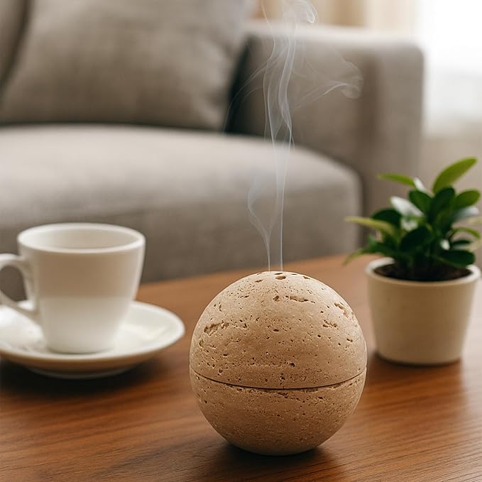 Natural Stone Sphere Incense Holder: 4" D Hand-Carved Aromatherapy Burner for Yoga, Meditation & Relaxation, Elegant Multi-Hole Design, Beige Travertine - Bloomnest
