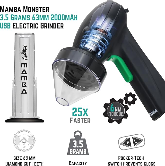 Mamba Monster 3.5g Black USB Electric Herb Grinder. Large Capacity Portable Metal Herbal Machine & Spice Mill for the Kitchen - Bloomnest