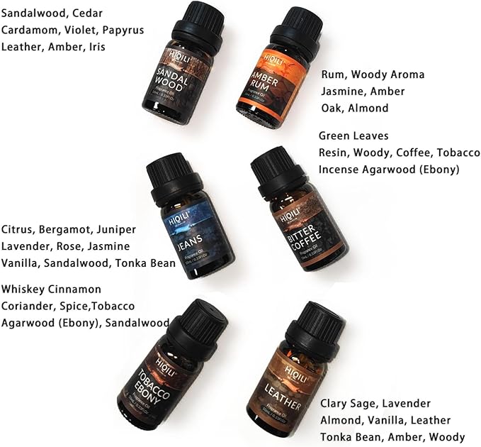 HIQILI Fragrance Essential Oil for Men 6x10ml Candle Scents for Candle Making Scented Oils Set for Aromatherapy Diffuser DIY Christmas - Bloomnest