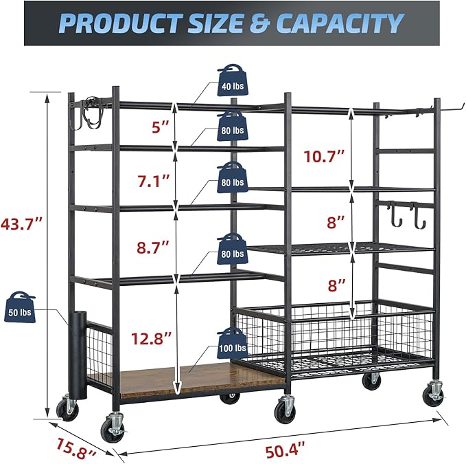 PLKOW Dumbbell Rack, Weight Rack for Dumbbells, Home Gym Storage for Dumbbells Kettlebells Yoga Mat and Balls, All in One Workout Storage with Wheels and Hooks, Powder Coated Finish Steel - Bloomnest