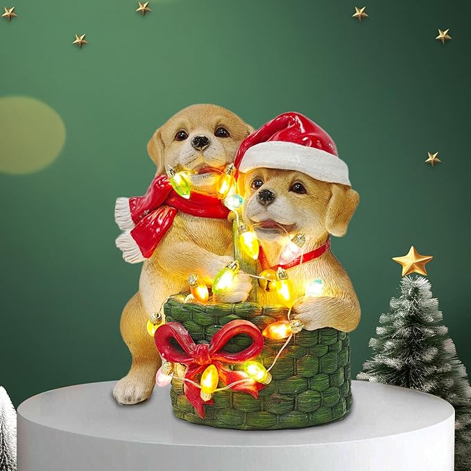 Dog on Box Sculpture -Handmade Resin Figurine, Festive Pet Lover Gift, Holiday Home Decor with Santa Hat - Bloomnest