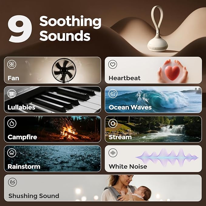 EVOCELER | Portable White Noise Sound Machine for Babies and Kids | Auto Cry Detection | 9 Soothing Sounds | Sleep Soother | Voice Recording | 15H Battery | Travel | Baby Registry Gift | Stroller Clip - Bloomnest