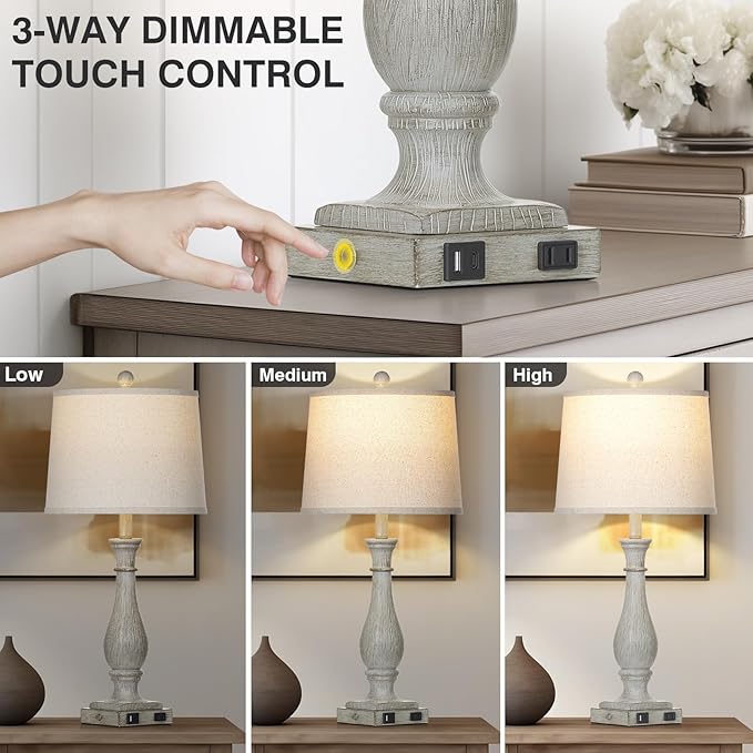 27.5" Farmhouse Table Lamps Set of 2 with USB C+A Ports & AC Outlet for Vintage Living Room Retro Bedroom, 3-Way Dimmable Touch Lamps Resin Bedside Lamps for Nightstand Side End Table, Grey - Bloomnest