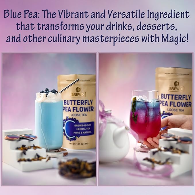 BREWIX, Butterfly Pea Flower Herbal Tea Loose Leaf (40+ Cups,1.41oz/40g) | Caffeine Free | Premium Dried Butterfly Pea Flowers For Blue & Purple Drinks, Food Coloring - Bloomnest