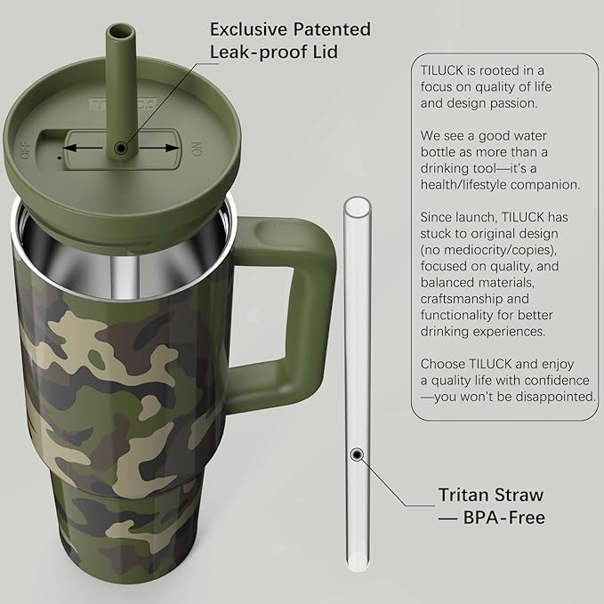 TILUCK 40 oz Tumbler with Handle, Vacuum Insulated Stainless Steel Travel Mug with 100% Leak-Proof Silicone Straw Lid, Cupholder Friendly Water Bottle(Camouflage, 40oz) - Bloomnest