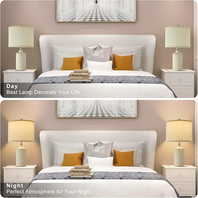 Luvkczc Vintage Farmhouse Table Lamp Set of 2, Grid Nightstand Lamp with Eye-Protecting Fabric Shade, 3-Color Temperature&2 Bulbs - Rustic Table Lamp Lamps for Living Room Bedroom Decor - Bloomnest