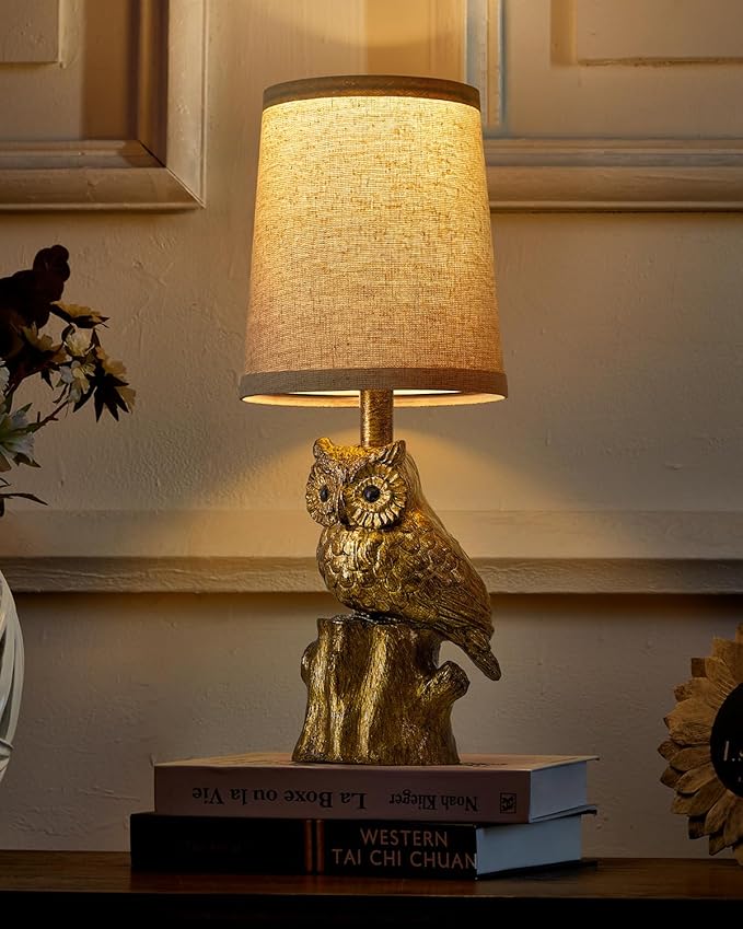 14.25" Small Table Lamp for Living Room Farmhouse Bedside Resin Single Lamp with Gold Owl Lamp Shape for Bedroom Retro Rustic Nightstand Lamp - Bloomnest