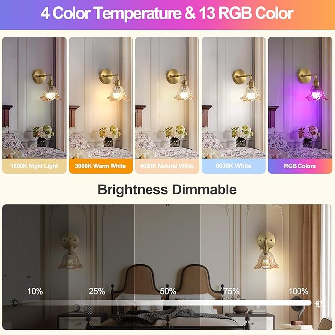 2 Pack Vintage Battery Operated Wall Sconces, Cabbage Amber Lampshade & 180 Degree Adjustable, Wireless Rechargeable RGB Wall Light with Remote Control, for Bedroom Living Room Hallway Aisle - Bloomnest
