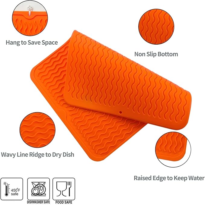 Silicone Dish Drying Mat for Multiple Usage,Easy clean,Eco-friendly,Heat-resistant Silicone Mat for Kitchen Counter or Sink,Refrigerator or drawer liner Orange L 16 inches x 12 inches - Bloomnest
